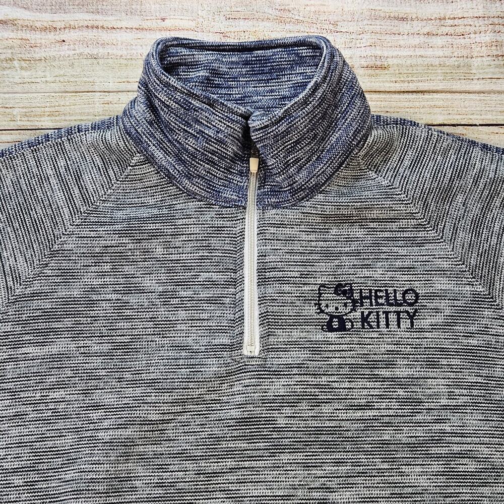 Hello Kitty Women's Sweater Heather Grey Blue Size L 1/4 Zip Pullover Mock Neck